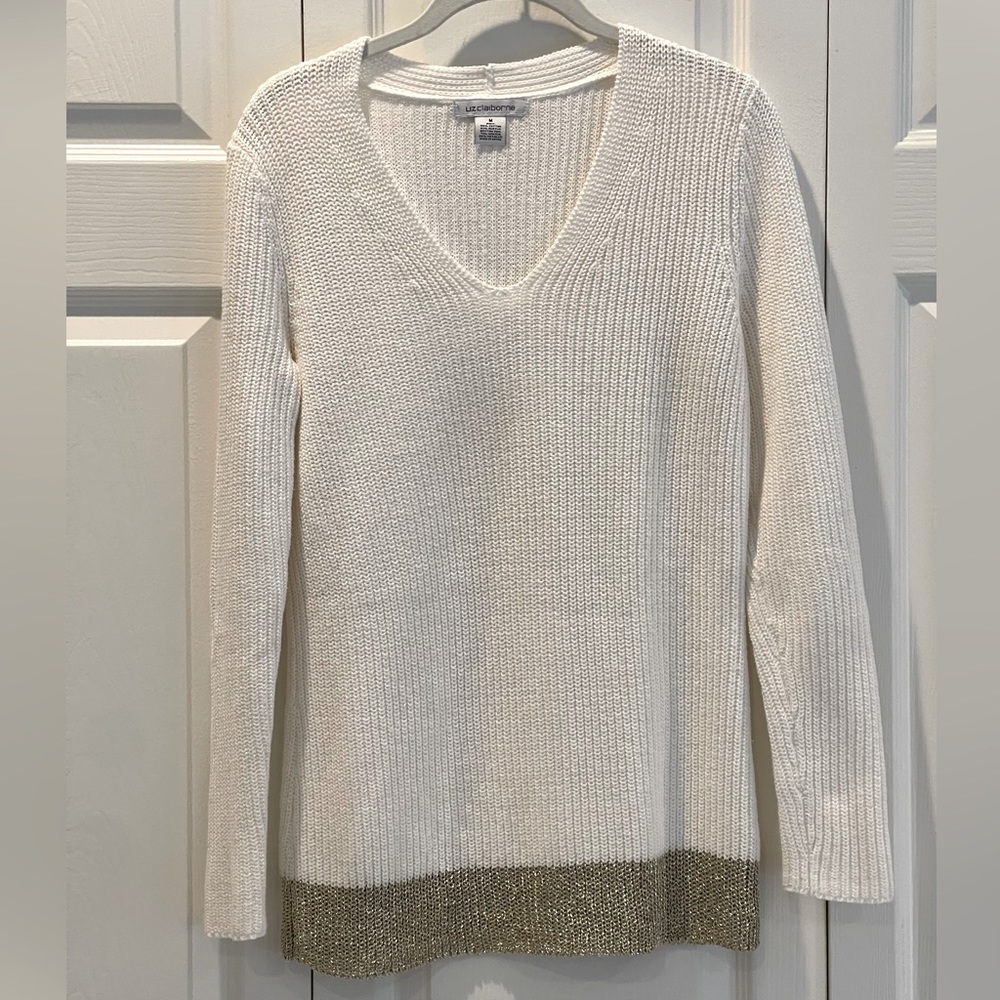 Liz Claiborne V-neck Knit Cotton Blend Sweater with Gold Trim, M